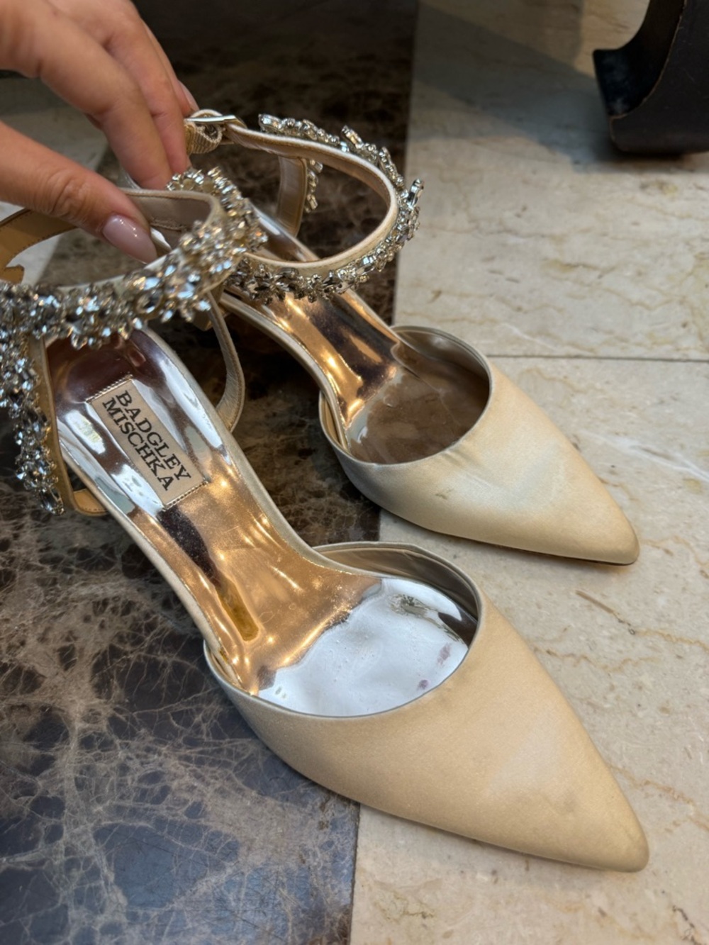 Badgley Mischka Ivory Satin Pointed-Toe Crystal Ankle-Strap Heels